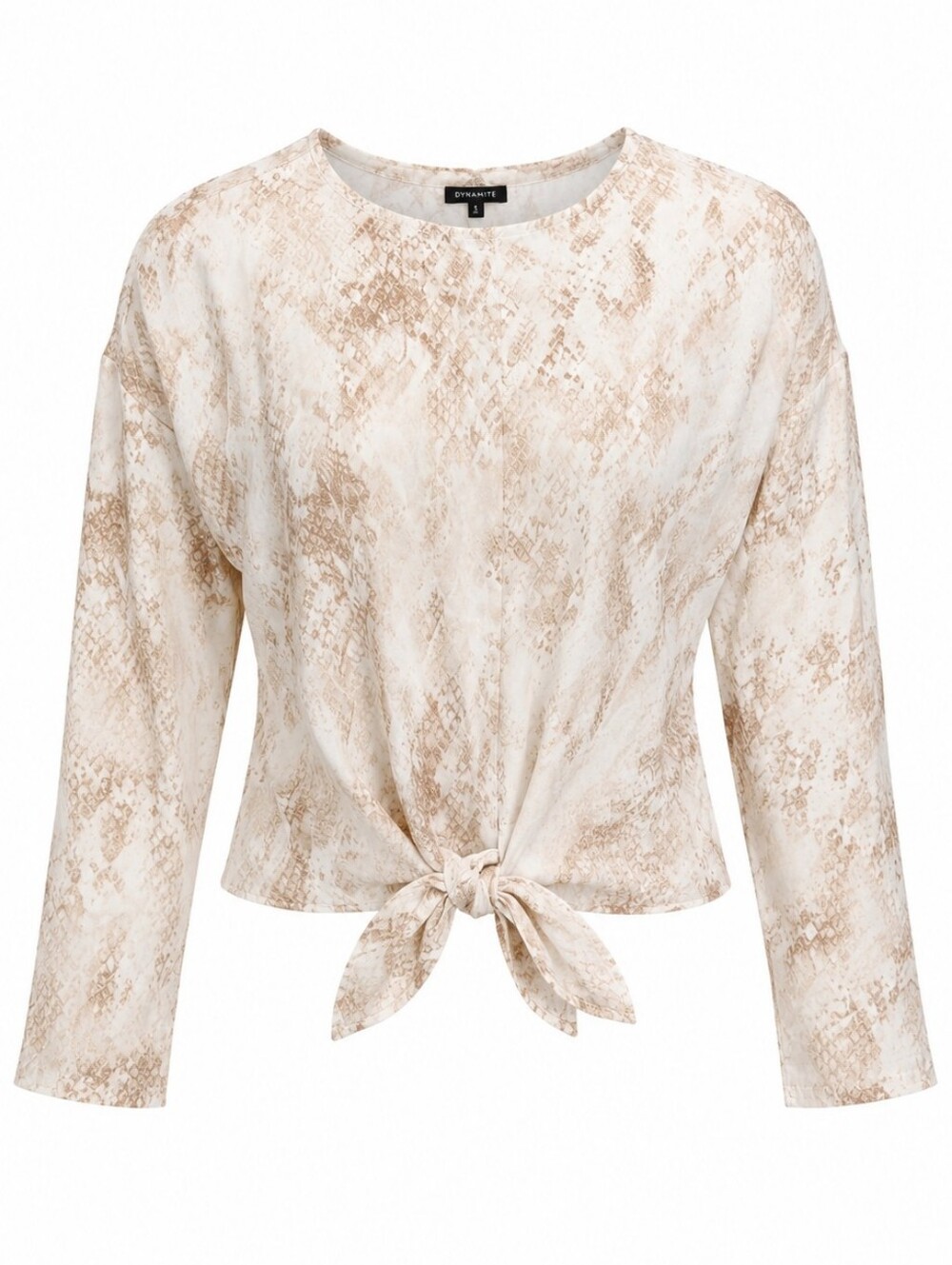Dynamite Beige Snake-Print Tie-Front Long Sleeve Relaxed Fit Women's Top Size M